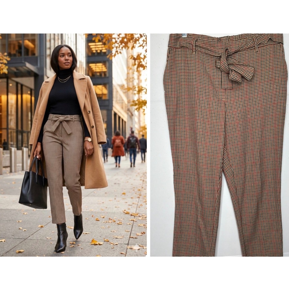 C by One Brown Houndstooth Elastic Waist Tie Pockets Pants S Academia Old Money